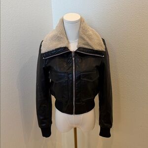 Mango Black Faux Leather Jacket with Cream Shearling Collar